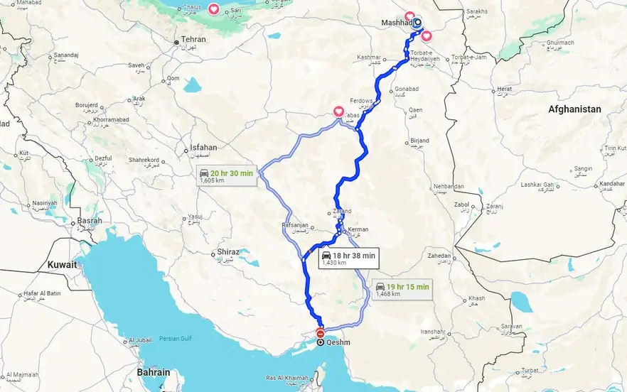 کوتاهترین مسیر مشهد به قشم با خودرو