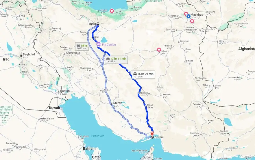 کوتاهترین مسیر از تهران به قشم با خودرو