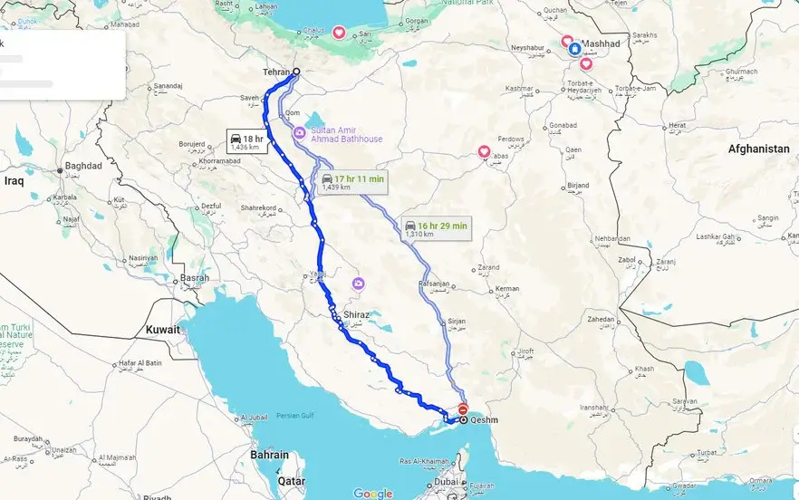 مسیر سوم از تهران به قشم با خودرو