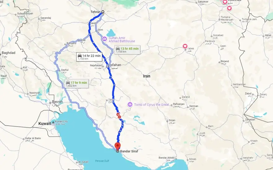 مسیر دوم سفر به بندر سیراف از تهران